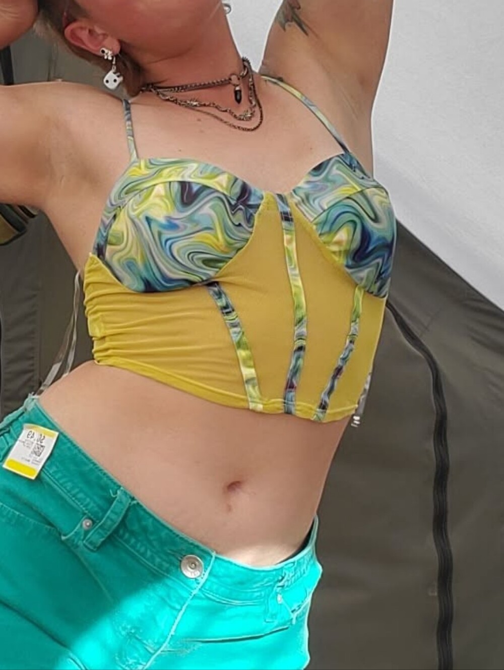 Yellow and Blue Mesh Padded Cup Festival Crop Top Size M